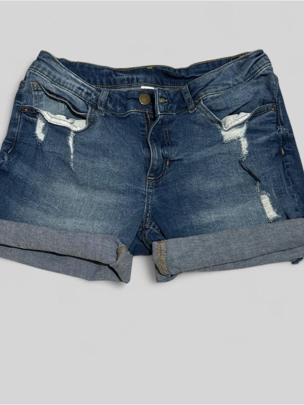 Mid-Rise Dark Blue Rolled Hem Distressed Jean Shorts
